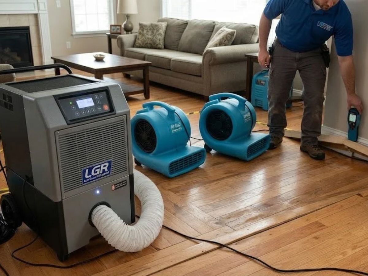 Water damage restoration equipment drying a flooded room